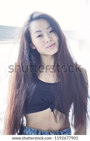 Portrait Of Young Beautiful Sexy Asian Korean Woman Relax On Vintage Wall Smile Happy Face Portrait Of Young Beautiful Sexy Asian Korean Woman Relax On Vintage Wall Smile Happy Face