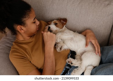 Portrait of young beautiful teenage girl with her adorable wire haired Jack Russel terrier puppy at home. Teenager with rough coated pup sitting on the couch. Interior background, close up, copy space