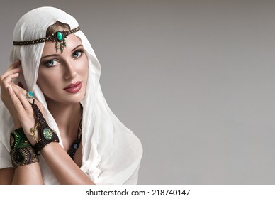 Portrait of young beautiful woman arabic style fashion look