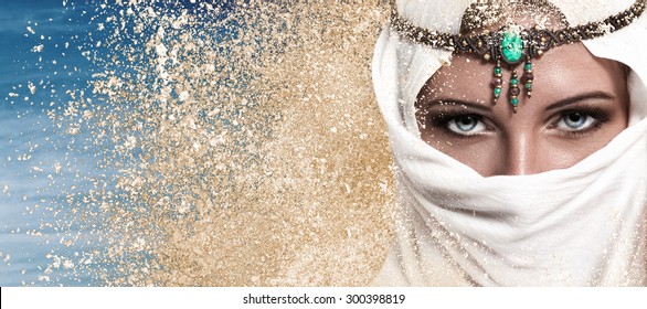Portrait of young beautiful woman arabic style fashion look