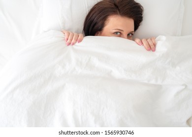 Portrait Young Beautiful Woman Bed Covered Stock Photo 1565930746 