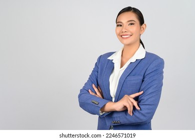 Portrait young beautiful woman in formal clothing for officer standing crossed arms looking to camera with smile isolated on white background,  copy space for insert your advertisement