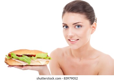 portrait of young beautiful woman holding fresh tasty sandwich over white