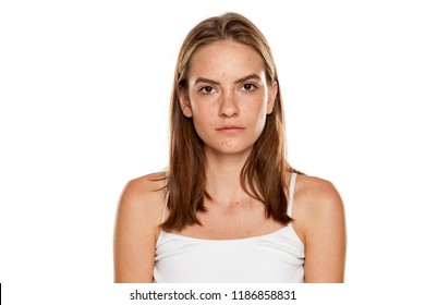 Portrait Of Young Beautiful Woman With No Makeup On White Backgeound