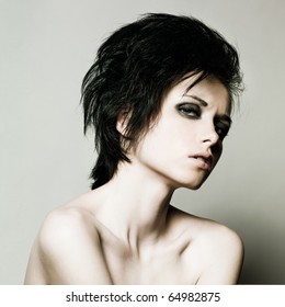 Portrait Of Young Beautiful Woman With Short Dark Hair