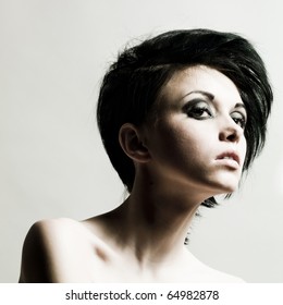 Portrait Of Young Beautiful Woman With Short Dark Hair