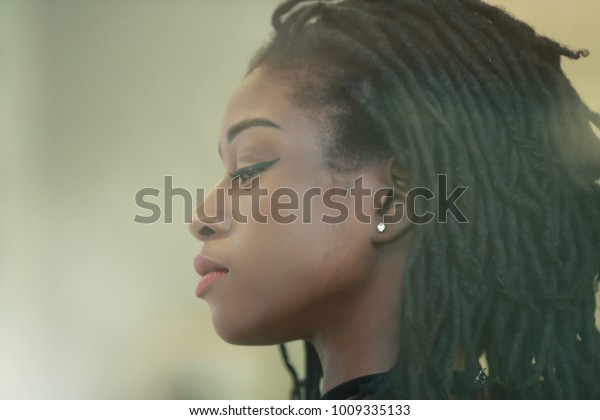 Portrait Young Black Female Cute Dreadlocks Stock Photo
