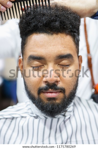 Portrait Young Black Man Getting New Beauty Fashion Stock Image