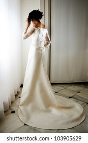 Portrait Of A Young Black Woman, Model Of Fashion, Wearing A Wedding Dress