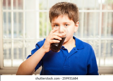 Portrait Of A Young Boy Drinking Soda From A Glass At Home