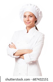 Portrait of a young brunette chef woman isolated on white background.
