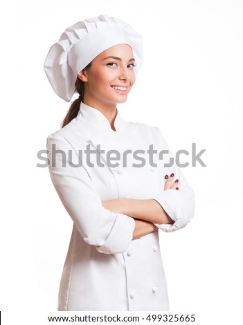 Portrait of a young brunette chef woman isolated on white background.