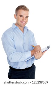 Portrait Of Young Business Man Taking Notes Isolated On White Background