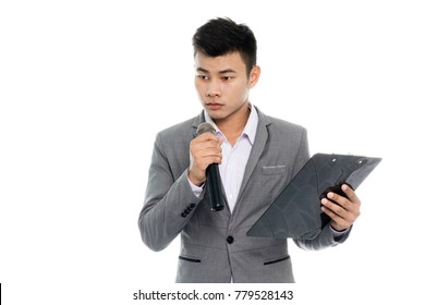 Portrait Of A Young Business Man Wrap Up. Isolated On White Background