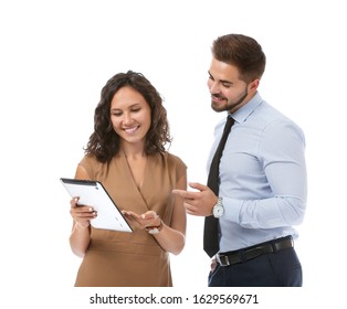 Portrait Of Young Business People With Tablet Computer On White Background