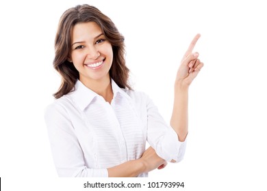 Portrait Of Young Business Woman Pointing At White Background