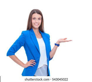 Portrait of young business woman pointing isolated on white background