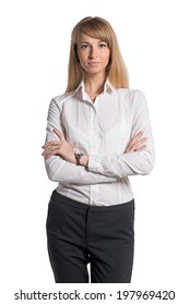 Portrait Of Young Business Woman White Shirt Black Trousers Pants Isolated