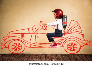 Portrait Of Young Businessman With Jet Pack Riding Drawing Retro Car. Success, Creative And Innovation Technology Concept. Copy Space For Your Text