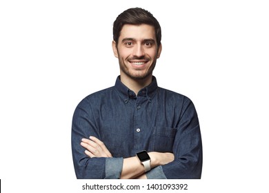 Portrait Of Young Caucasian Man Feeling Happy And Smiling, Wearing Smart Watch And Casual Clothes, Isolated On White Background