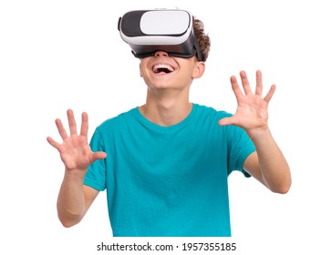 Portrait of young caucasian teen boy using virtual reality goggles. Funny teenager looking in VR glasses. Handsome child experiencing 3D gadget technology, isolated on white background - Powered by Shutterstock