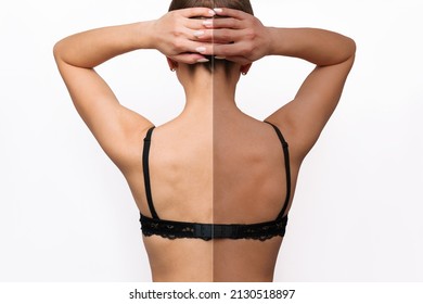 Portrait of a young caucasian woman standing with her back before and after tanning isolated on a white background. The result of self-tanning. Tanned skin, contrast of skin colors