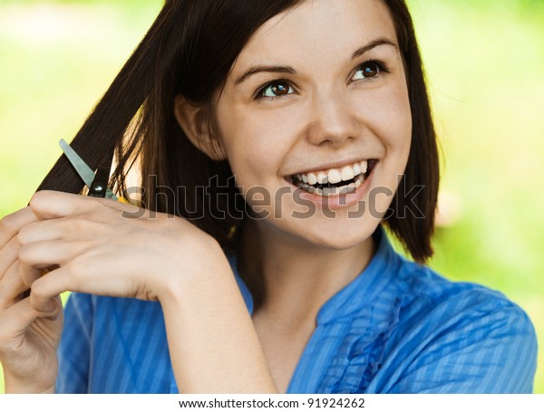 Portrait Young Charming Woman Smiling Scissors Stock Photo Edit