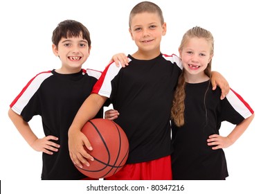 Portrait Young Child Boy Girl Basketball Team Together Smiling.