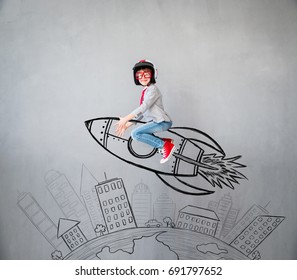 Portrait of young child pretend to be businessman. Kid playing at home. Success, idea, and creative concept. Copy space for your text