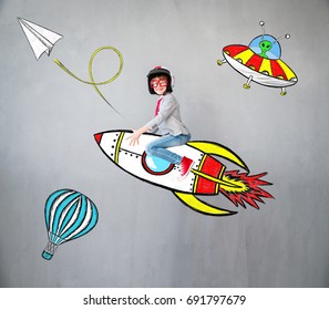 Portrait Of Young Child Pretend To Be Businessman. Kid Playing At Home. Success, Idea, And Creative Concept. Copy Space For Your Text