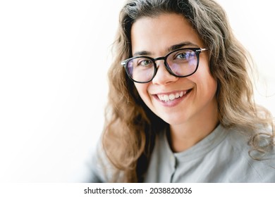 Portrait Of Young Confident Caucasian Businesswoman In Eyeglasses Looking At The Camera Smiling. Entrepreneurship For Better Quality Of Life, Isolated