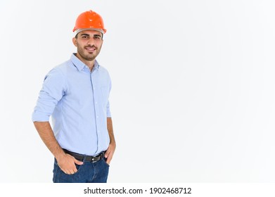 Portrait Of Young Construction Engineer Wear Orange Hardhat, Standing On White Background With Copy Space.