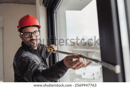 Portrait of young construction worker measuring window dimensions with tape during renovation in apartment