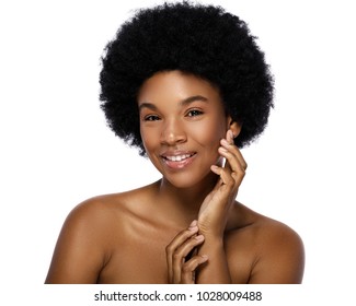 Portrait of young and cute african woman on white background