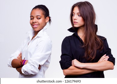 portrait of young different nationalities teenage girls, caucasian woman and african american woman