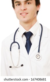 Portrait of young doctor with stethoscope isolated on white background