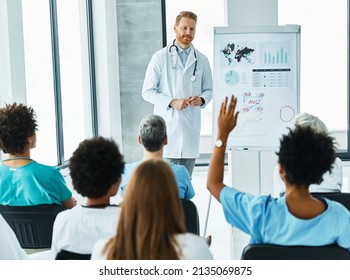 Portrait of a young doctor teaching on a seminar in a board room or during an educational class at convention center  - Shutterstock ID 2135069875