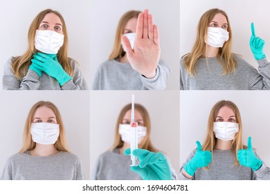 Portrait Of Young Doctor In Various Poses. Different Photos Of Coronavirus Or Covid-19. The Concept Of The Epidemic Of The NCov, Multiscreen Montage, Split Screen Collage Of Mixed Face Woman In Mask