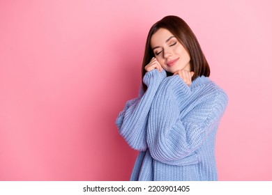 Portrait of young dreamy cute girl wear knitted pullover dreaming boyfriend buy new shoes isolated on bright pink color background - Shutterstock ID 2203901405