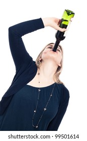 Portrait of young drunk woman drinking wine, isolated on white background.
