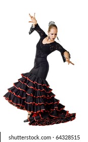 Portrait Of Young Elegance Flamenco Dancer In Action. Isolated Over White Background