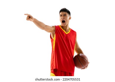 Portrait Of Young Emotive Man, Basketball Player Schouting And Pointing Isolated Over White Studio Background. Team Spirit. Concept Of Healthy Lifestyle, Professional Sport, Hobby, Power And Strength