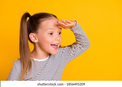 Portrait of young excited happy curious girl child kid hold hand on head look in copyspace isolated on yellow color background - Powered by Shutterstock