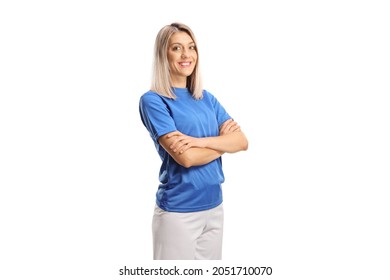 Portrait of a young female athlete in a blue sport jersey posing with crossed hands isolated on white background - Powered by Shutterstock