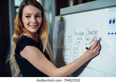 Portrait of young female leader writing on whiteboard explaining new strategies during the conference in an office