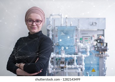 Portrait Of A Young Female Muslim Student Standing In The Electronic Classroom, Education And Technology Concept