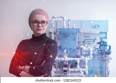 Portrait Of A Young Female Muslim Student Standing In The Electronic Classroom, Education And Technology Concept