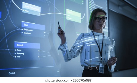 Portrait of a Young Female Professor Explaining Big Data and Artificial Intelligence Research Project in a Dark Room with a Screen Showing a Neural Network Model. Computer Science Education in College - Shutterstock ID 2300906089