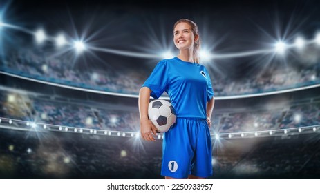  Portrait of young female soccer player with soccer ball standing in the big stadium. - Powered by Shutterstock