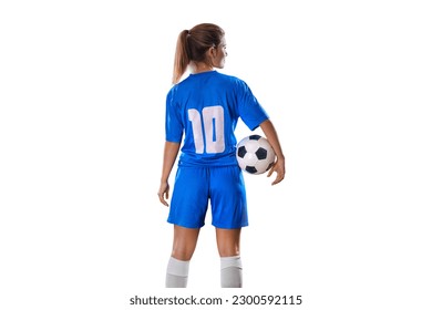  Portrait of young female soccer player standing with back with soccer ball standing on isolated Background. - Shutterstock ID 2300592115